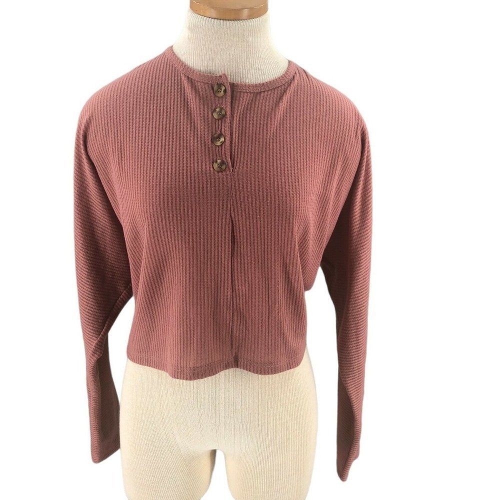 Mimi Chica Womens Sweater Medium Brick Henley Cropped Long Sleeve Waffle Knit